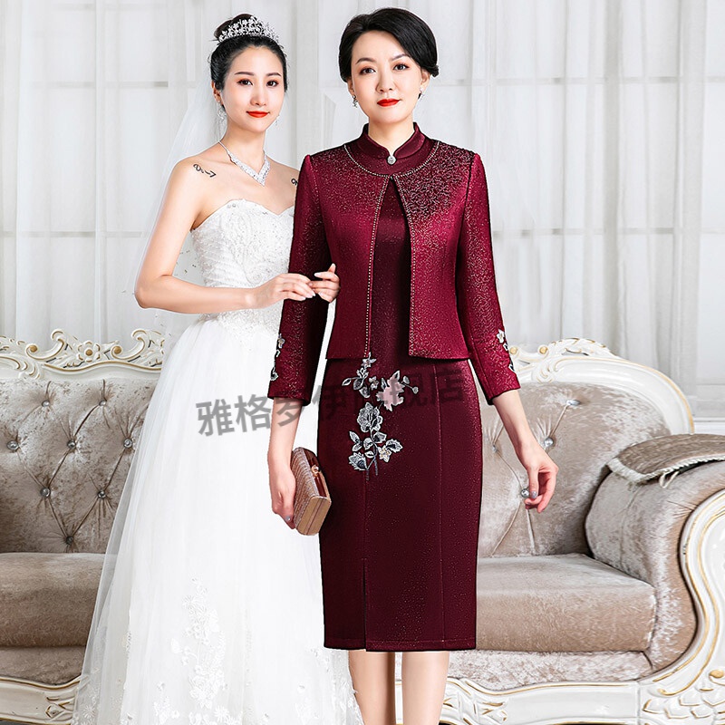 雅格罗伊 婚礼妈妈装高档礼服春季醋酸新款旗袍两件1套婚宴小个子喜