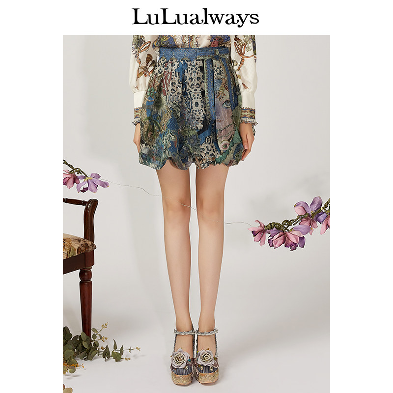 LULUALWAYS/我爱露露春季新款波点蝴蝶结绑带蓬松短裙 蓝色 165/68A/L