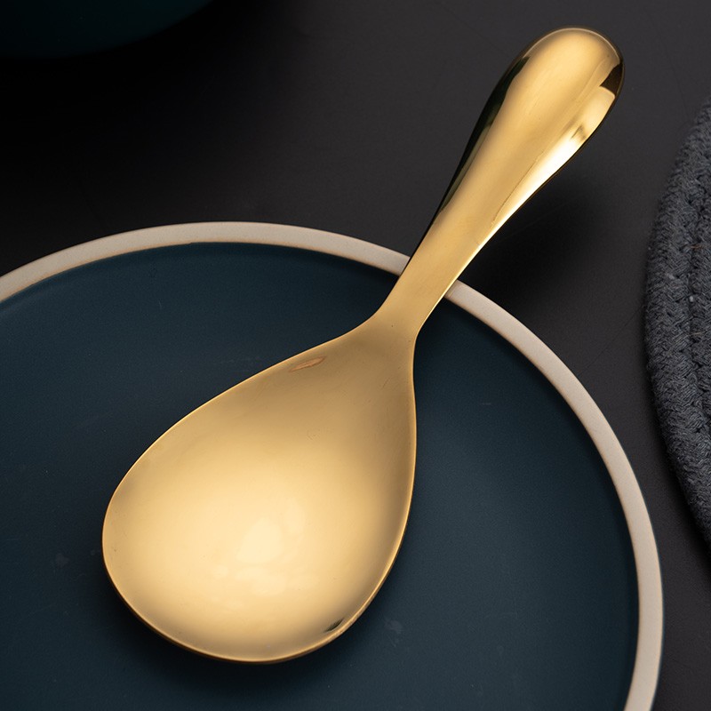 不锈钢饭勺  家用厨房分菜勺分餐勺米饭公勺盛饭勺子大号 金色/单个