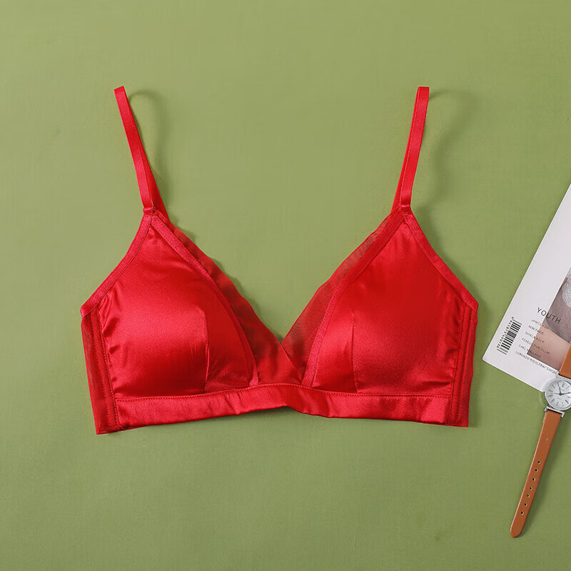 真丝桑蚕丝内衣女夏薄款无钢圈文胸全罩杯法式三角杯小胸胸罩 红色 s