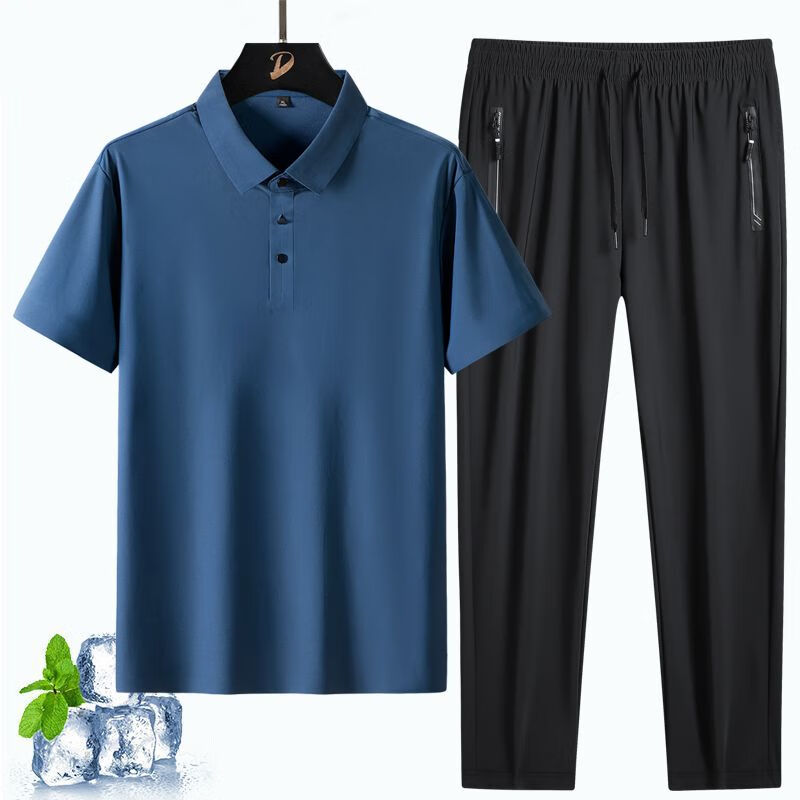 企迈老年男装60-70岁 夏装夏季高档无痕冰丝休闲套装男短袖t恤中老年p