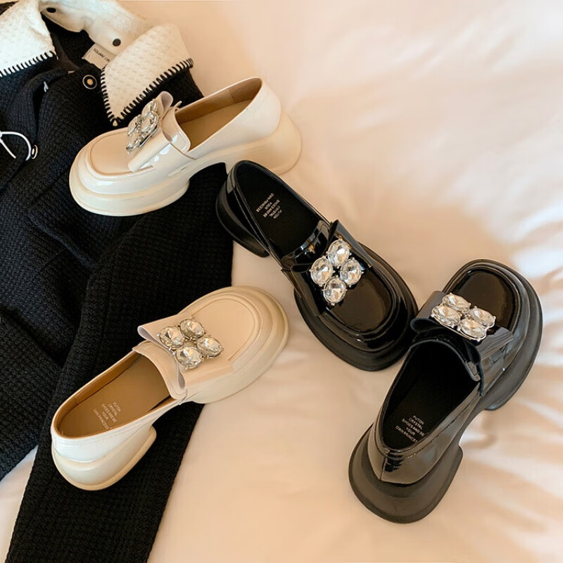 百丽驼美士(balitomms)漆皮水钻女式皮鞋厚底鞋秋季新品纯色圆头中跟