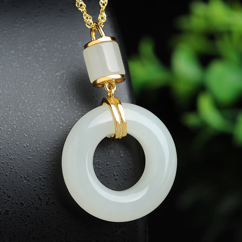 亚梵尼和田玉吊坠项链 925银镶和田玉平安扣挂件 玉链子女款玉坠带