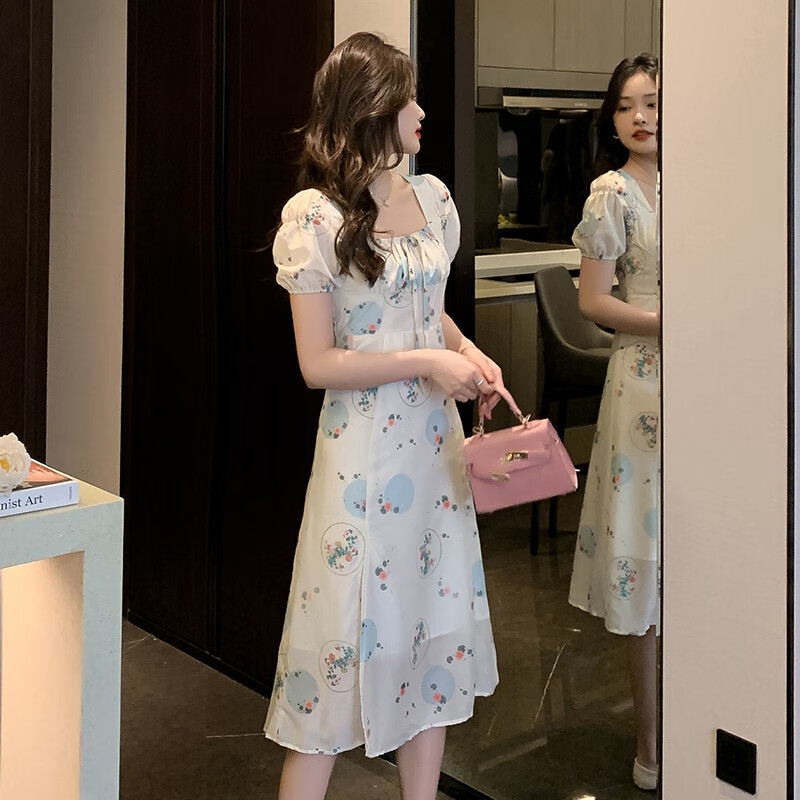 姌沫ranmo桔梗茶歇法式碎花方领连衣裙女2024夏季新款度假风平时穿搭