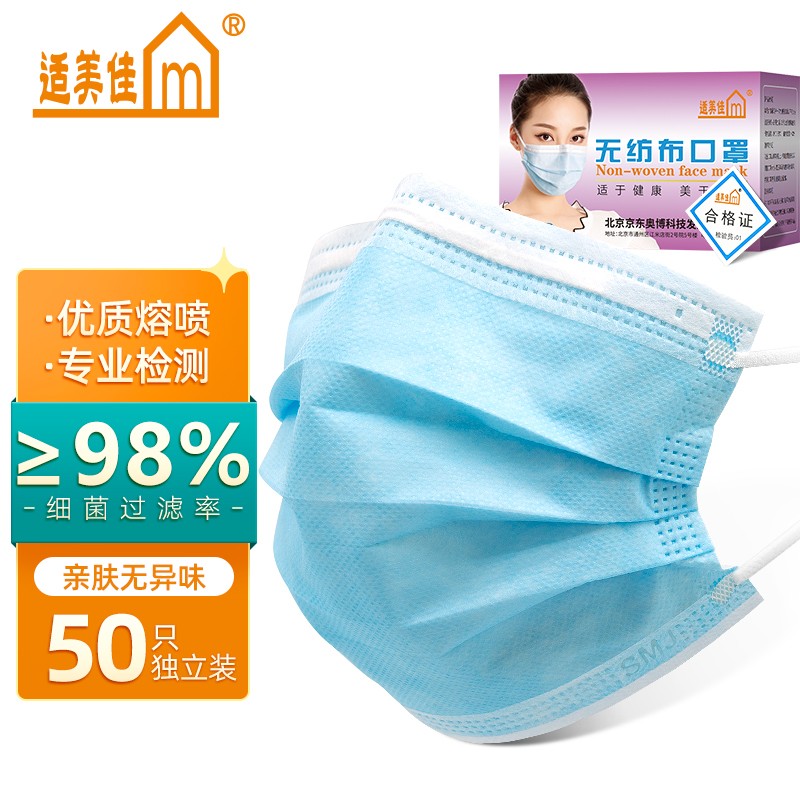 口罩价格行情最新报价走势图-适美佳50只口罩防尘颗粒物蓝色口罩推荐