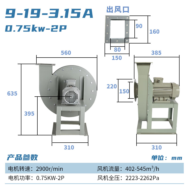 贤贵9-19高压离心风机物料输送蜗牛鼓风机380v工业除尘强力引风机吹粒