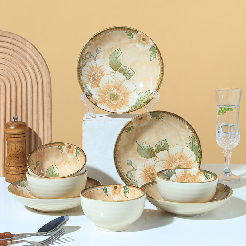 永红淘 碗碟套装陶瓷家用碗盘面碗汤碗深盘水果盘碗单个筷餐具 山茶花-4碗4盘