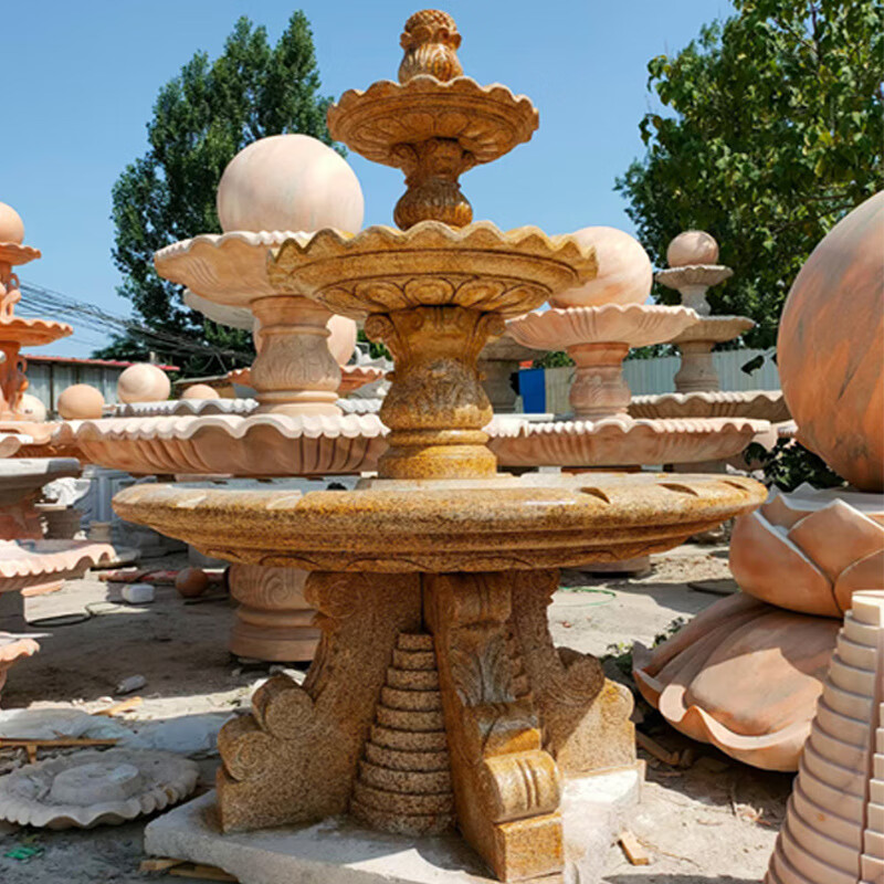瀛乐 石雕喷泉黄锈石喷泉水钵大理石转水球别墅庭院小区园林景观雕塑