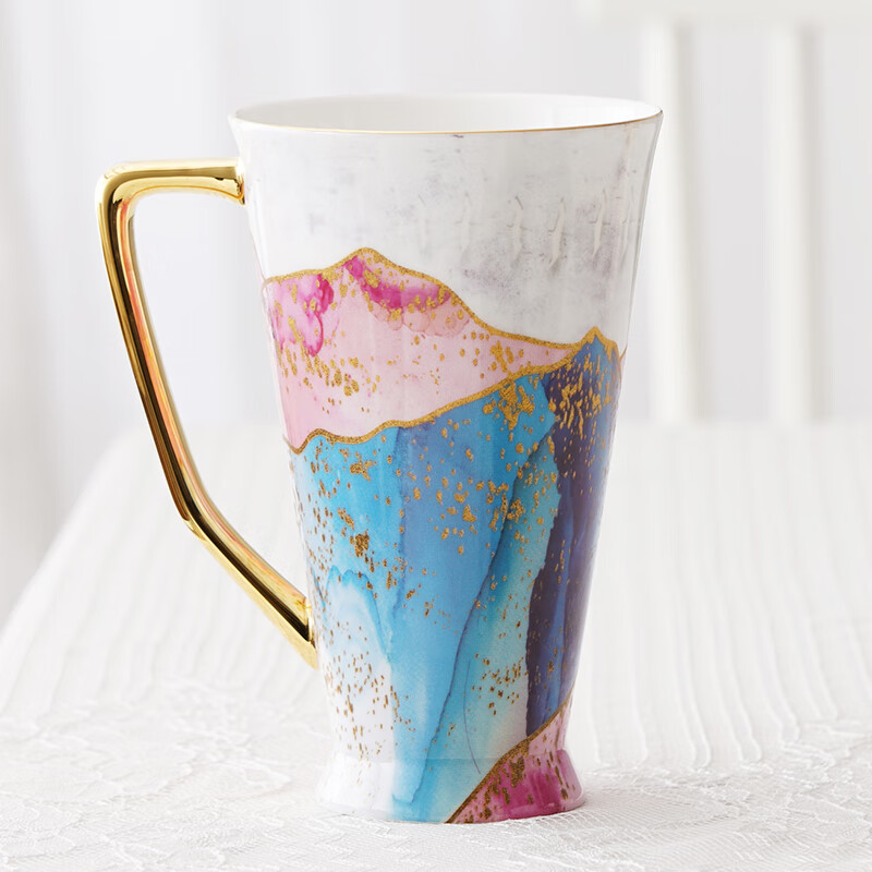 水杯大容量英式轻奢ins陶瓷情侣咖啡杯子带盖勺 千鹤红岩大唐杯满金款