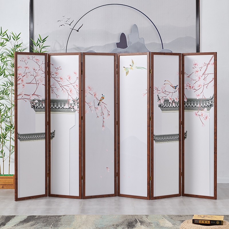 家用实木客厅中式移动折叠屏风隔断 单扇45宽180高园林花鸟 六扇 ms