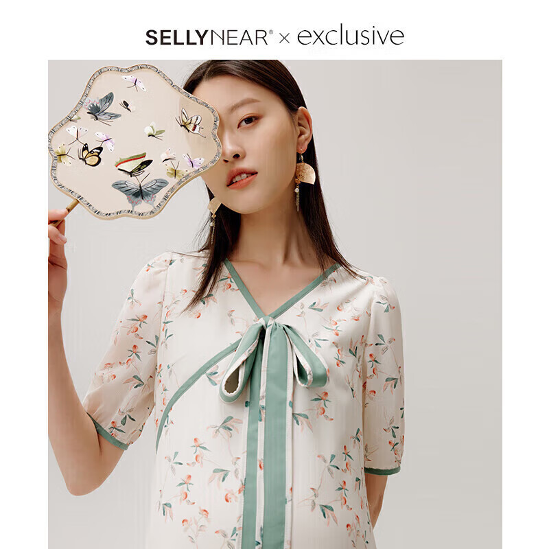 Sellynear孕妇装春夏高级感显瘦连衣裙时尚轻薄宽松交叉V领杏色国风印花裙 杏色 S