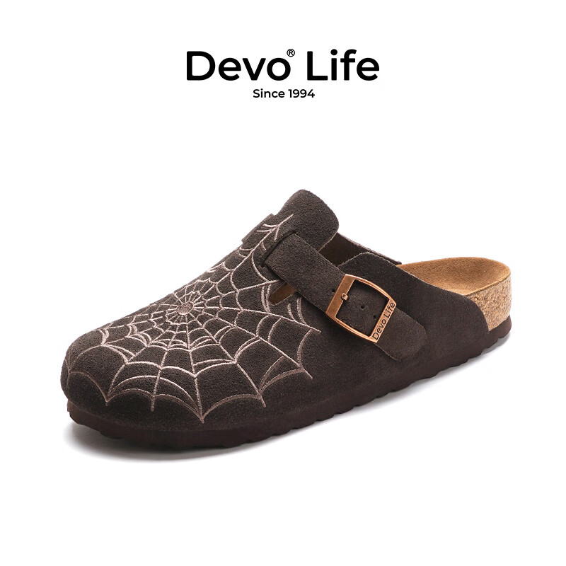 Devo的沃软木复古包头拖鞋新款勃肯鞋女外鞋外平底脚蹬懒人鞋 24035 深棕色 36 （建议拍小一码）