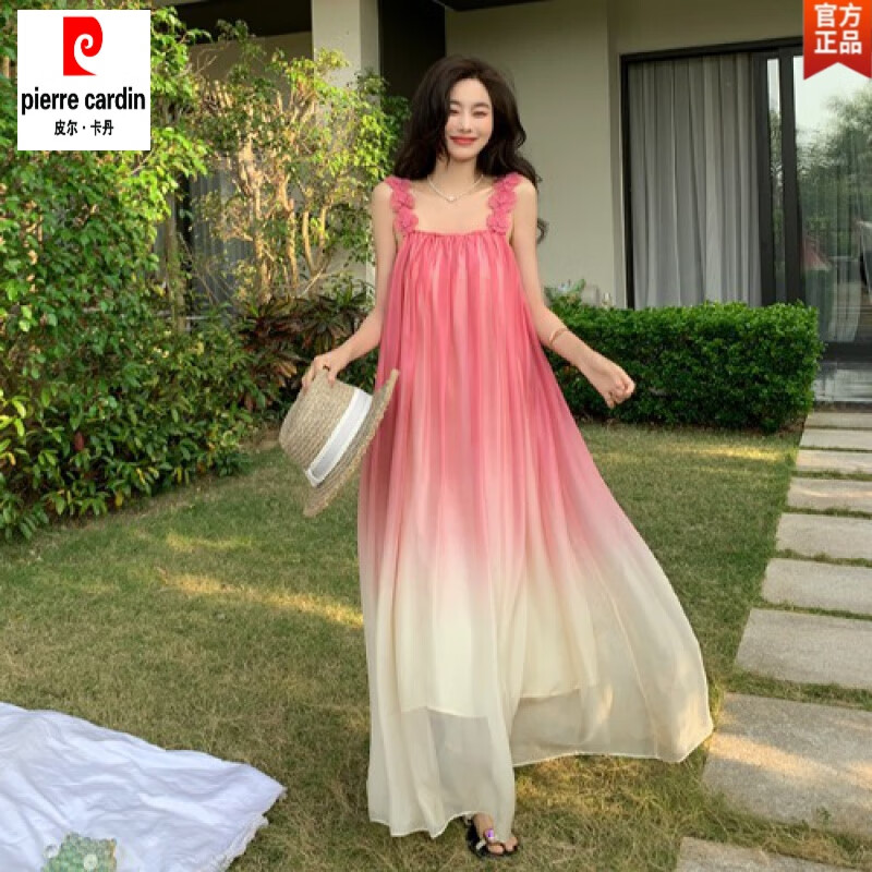 皮爾卡丹（pierre cardin）沙灘裙?jié)u變色寬松吊帶連衣裙夏海邊度假仙女裙三亞吊帶長裙到腳踝 漸變色 S