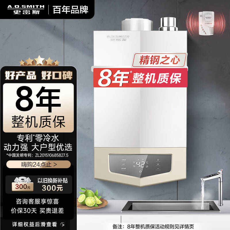 史密斯24升智能零冷水燃气热水器 整机包8年 不锈钢换热器 大升位jsq