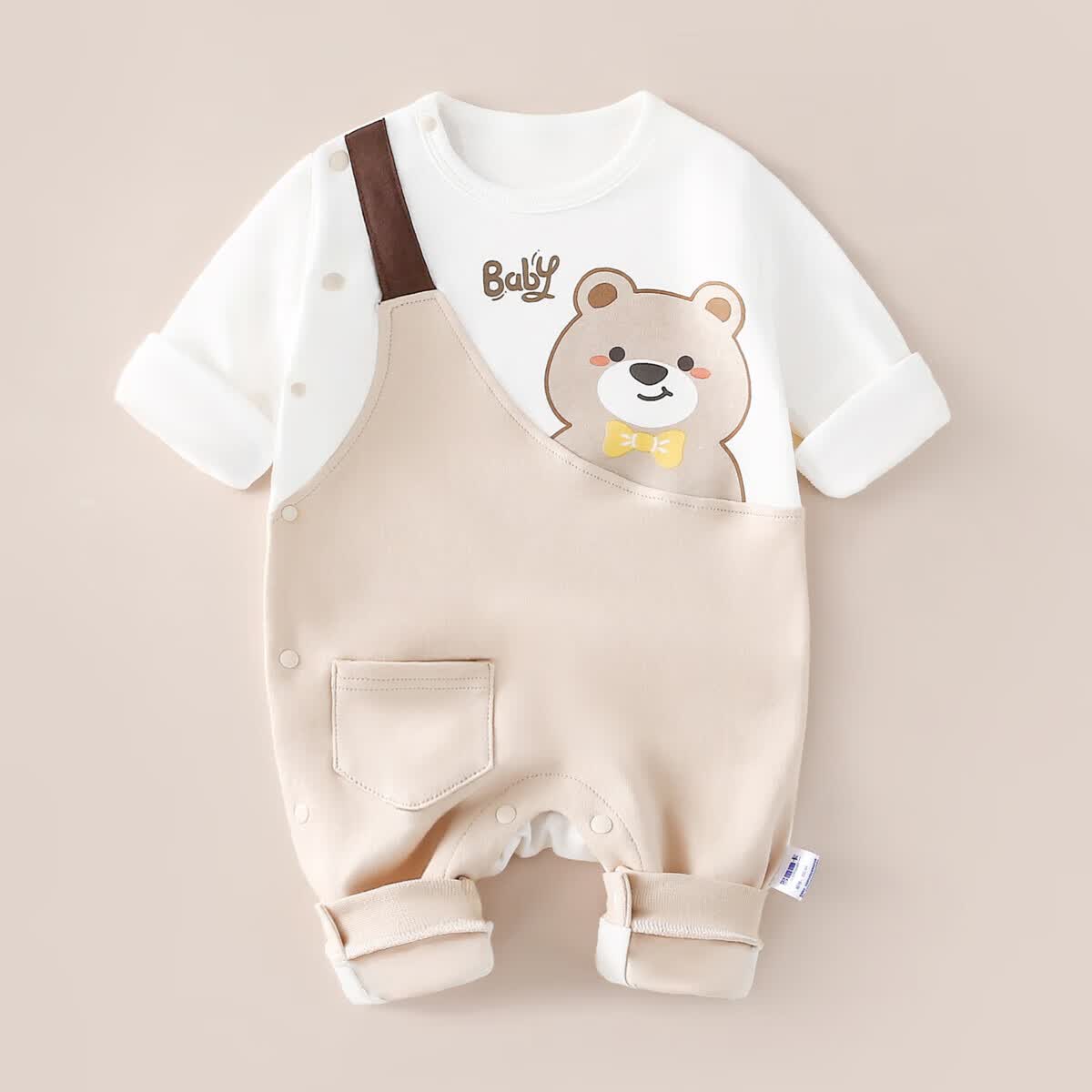 多嘻噜卡婴儿春装连体衣新生儿衣服男女童四季长袖哈衣 背带咖熊 80cm