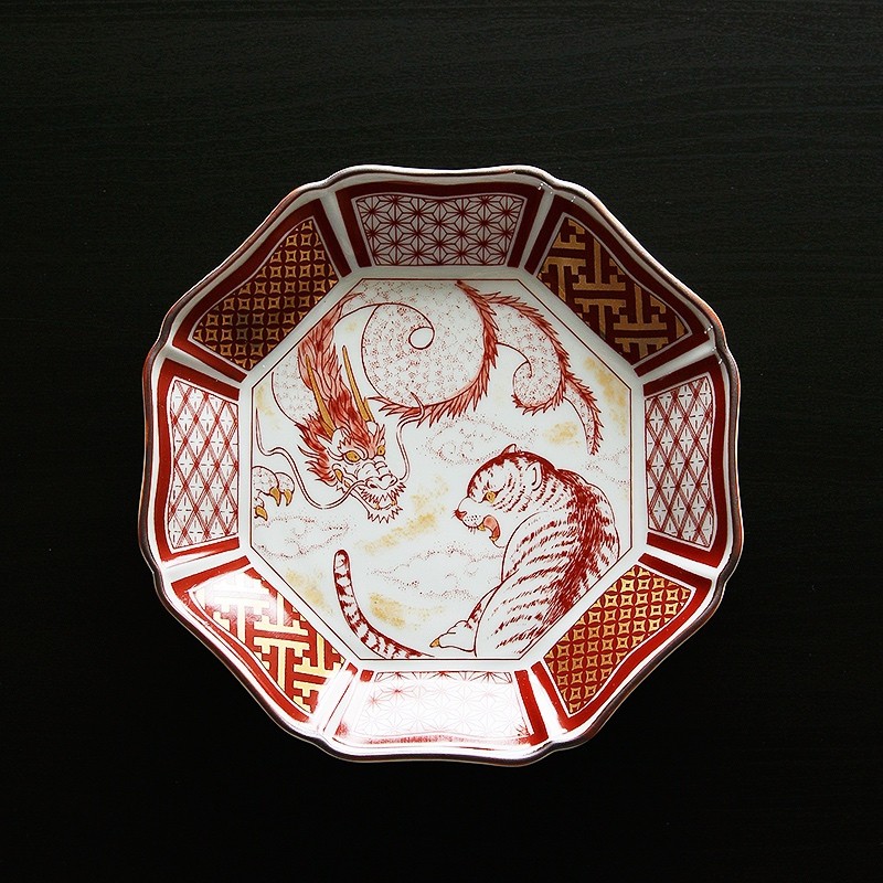 北野工坊赤绘金彩龙虎戏八角盘 彩绘餐具陶瓷平盘 单只