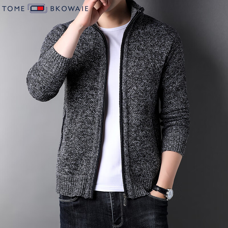 汤米芙兰可加绒加厚针织外套男2025年秋冬新款商务休闲保暖宽松毛衣开衫 深灰加绒 XL (175)(建议140-155斤)