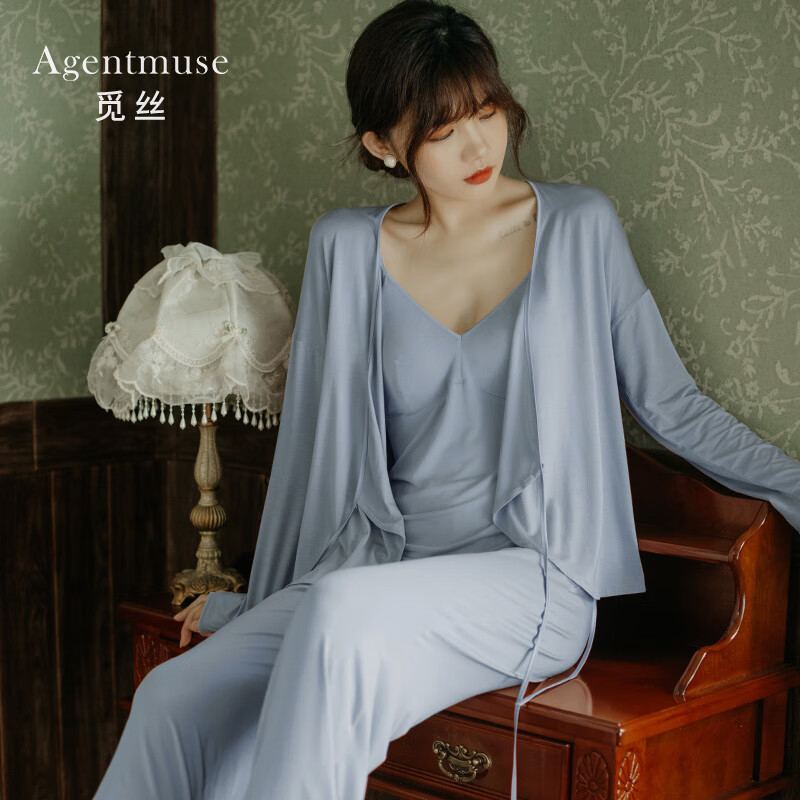 觅丝(Agentmuse)裸感睡衣女性感吊带睡裙复古莫代尔家居服带杯垫套装346T灰蓝色L