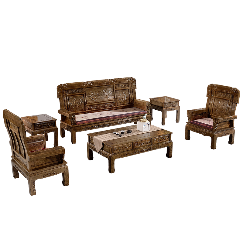 木中央 红木家具 非洲鸡翅木（学名非洲崖豆木）全实木沙发 新中式沙发组合独板 客厅小户型仿古家具整装 113五件套（三人+2单人+角几+大平几）