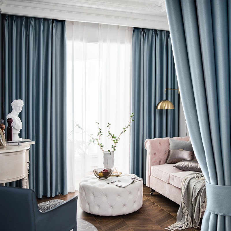 拼撞色拼色窗帘遮阳光加厚隔热保温防晒花边现代简约涤纶窗帘 天蓝色