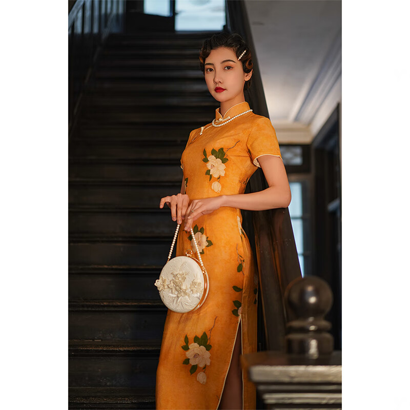 老上海民国复古长款年轻气质少女日常可穿文艺优雅连衣裙 黄色油画 s