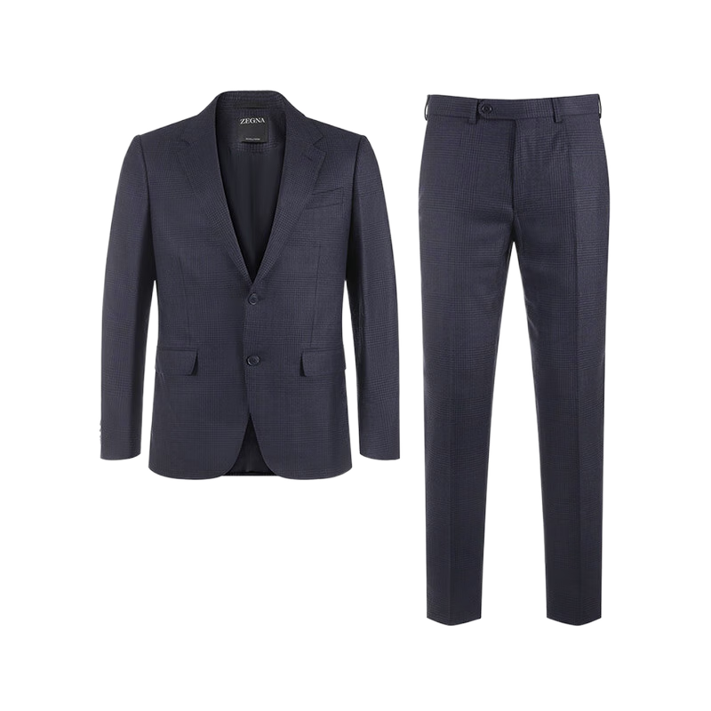杰尼亚（Zegna）男士Multiseason两粒单排扣商务西装西裤长裤西服套装男装 221225 616513A6 黑色深蓝色格纹 48 /m