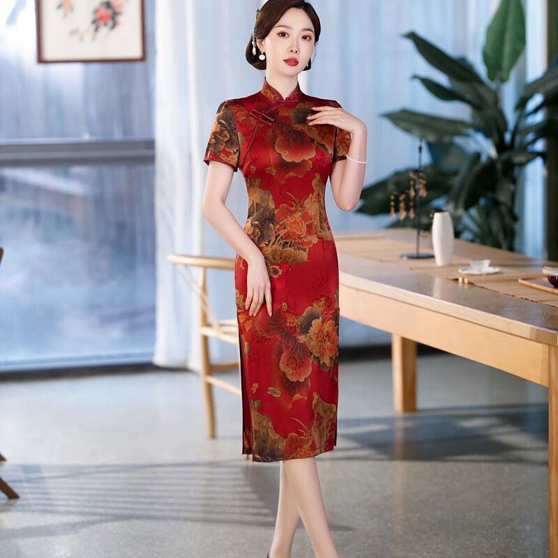 应否旗袍中国风红色仿香云纱中长款旗袍夏新款复古气质送考女士旗袍裙