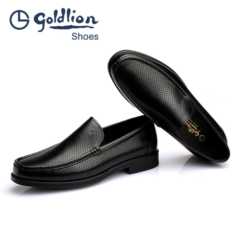 金利来（Goldlion）凉鞋男 夏季冲孔商务正装凉皮鞋 男士圆头套脚透气镂空男鞋 黑色 42 比标准码皮鞋偏大一码