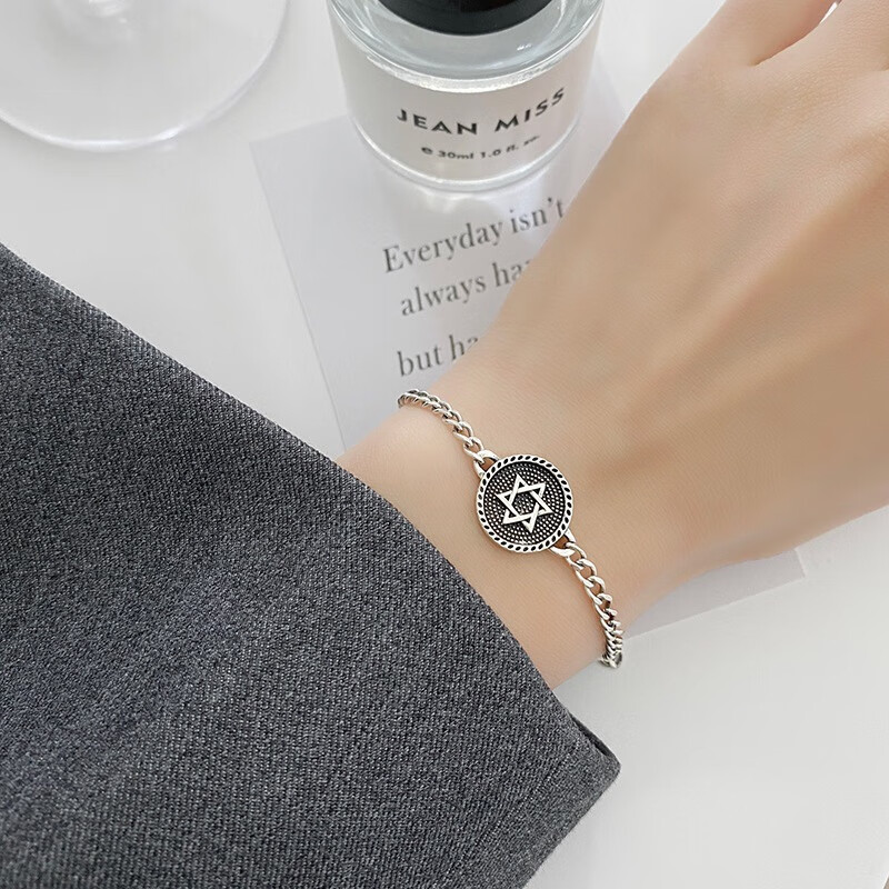 周大古六芒星手链女生925银福复古几何星星手镯潮流中性风做旧手饰 六