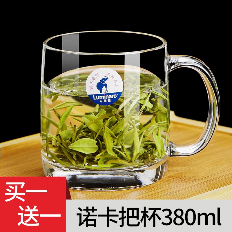 乐美雅家用泡茶玻璃杯透明观山带把茶杯耐热水杯果汁杯扎啤杯 班尼450ml【杯+盖】