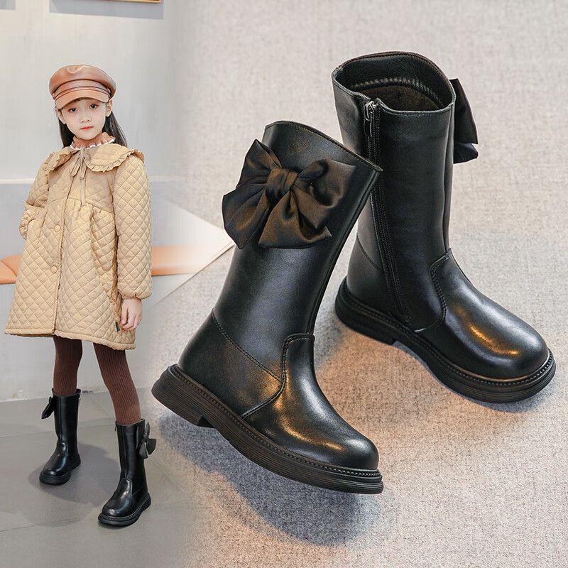 秋冬款小学生靴子女孩长筒靴子女童牛皮儿童棉靴高筒靴真皮加绒中马丁