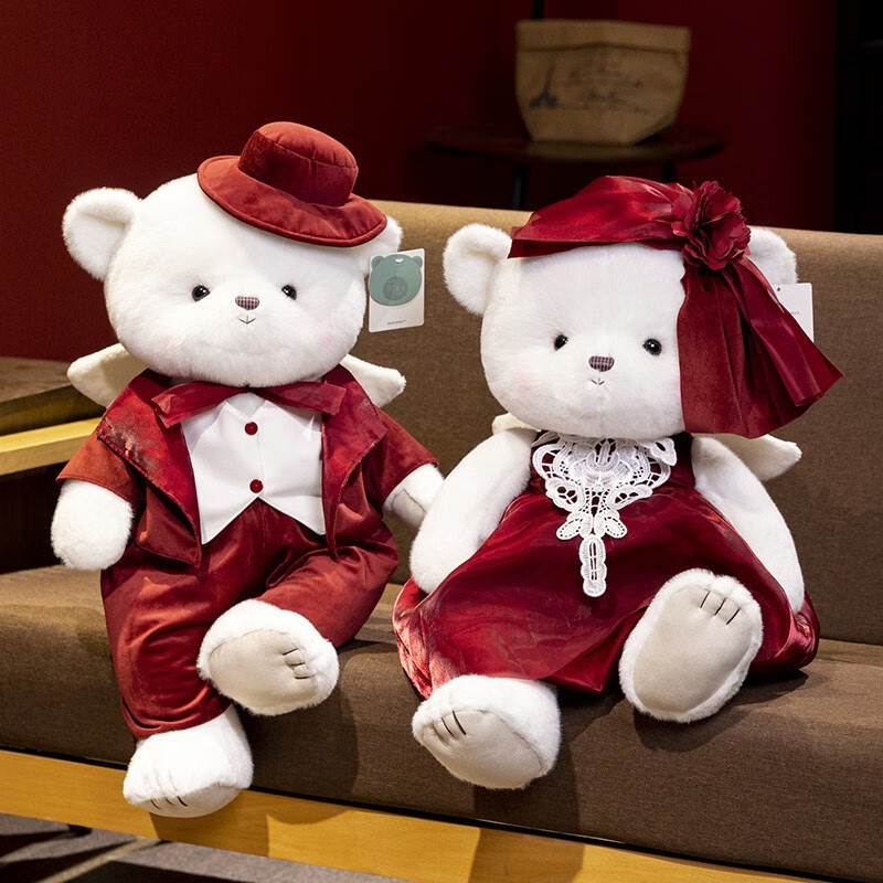 靓居婚纱熊结婚情侣泰迪熊公仔压床布娃娃一对玩偶订婚礼物送新人婚房 红色一对 60cm