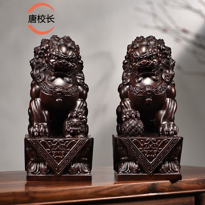 唐校长木雕狮子摆件一对狮子实木质家居门口客厅创意装饰摆设工艺品
