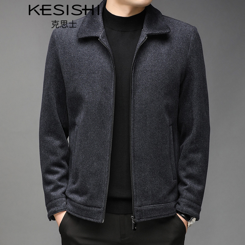 克思士高端品牌男装羊毛呢夹克男2022春秋季新款纯色翻领商务保暖呢子