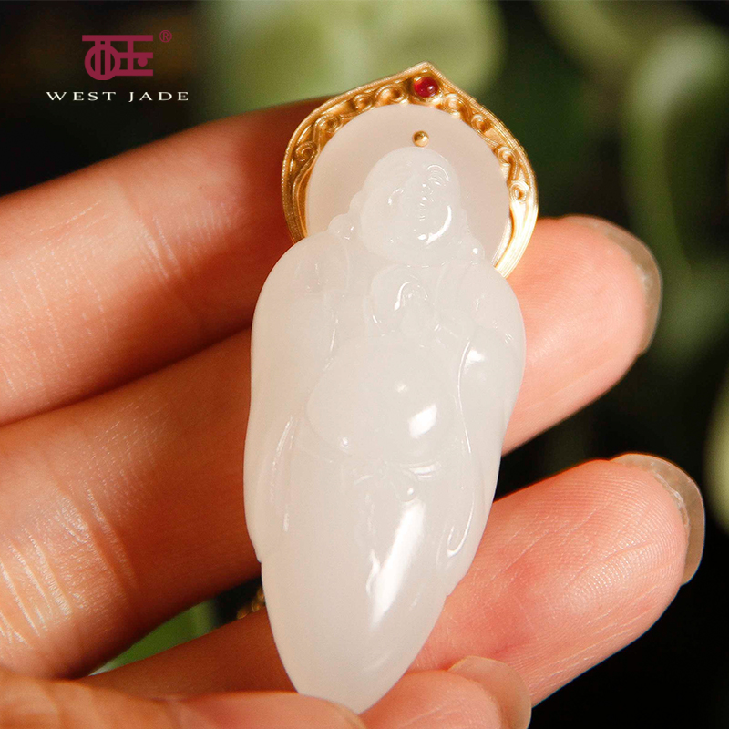 西玉和田玉吊坠女18k金镶玉羊脂玉弥勒佛玉石项链玉佛玉坠挂件
