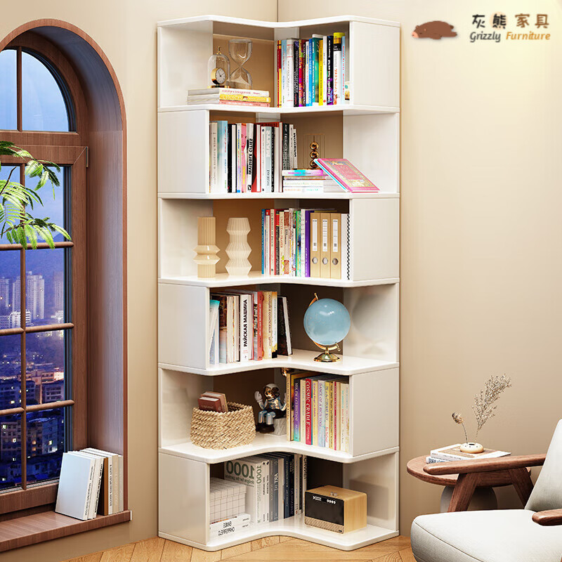 墨申图书馆书架实木转角落地收纳阅读架靠墙角柜客厅小书柜置物架 白