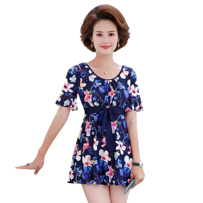 佑游媽媽泳衣女士中老年泡溫泉海邊連體顯瘦遮肚游泳衣保守大碼泳裝 藍(lán)色花 2XL (建議110-130斤)