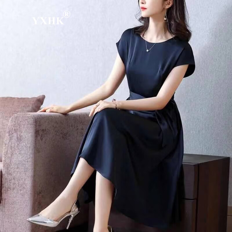 YXHK真絲連衣裙女夏品牌女裝夏季2022新款短袖寬松中長款收腰顯瘦裙子女 藏青色 2XL 129-138斤