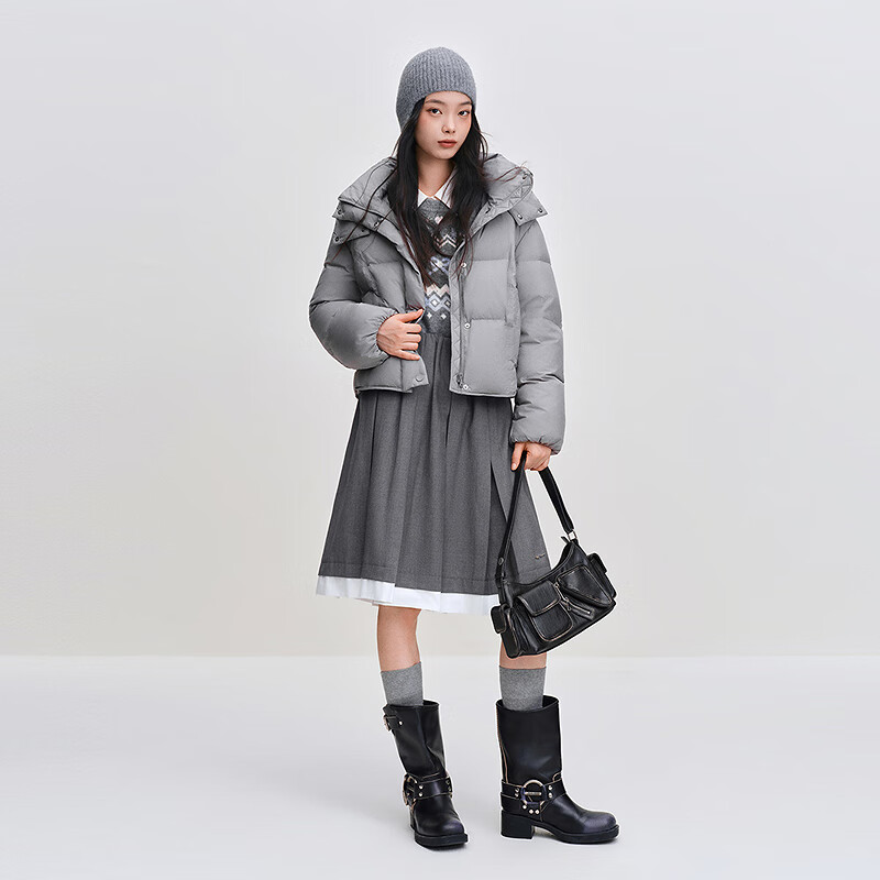 乐町连帽短款方格小面包羽绒服女2025冬季新款 银烛灰(现货) M
