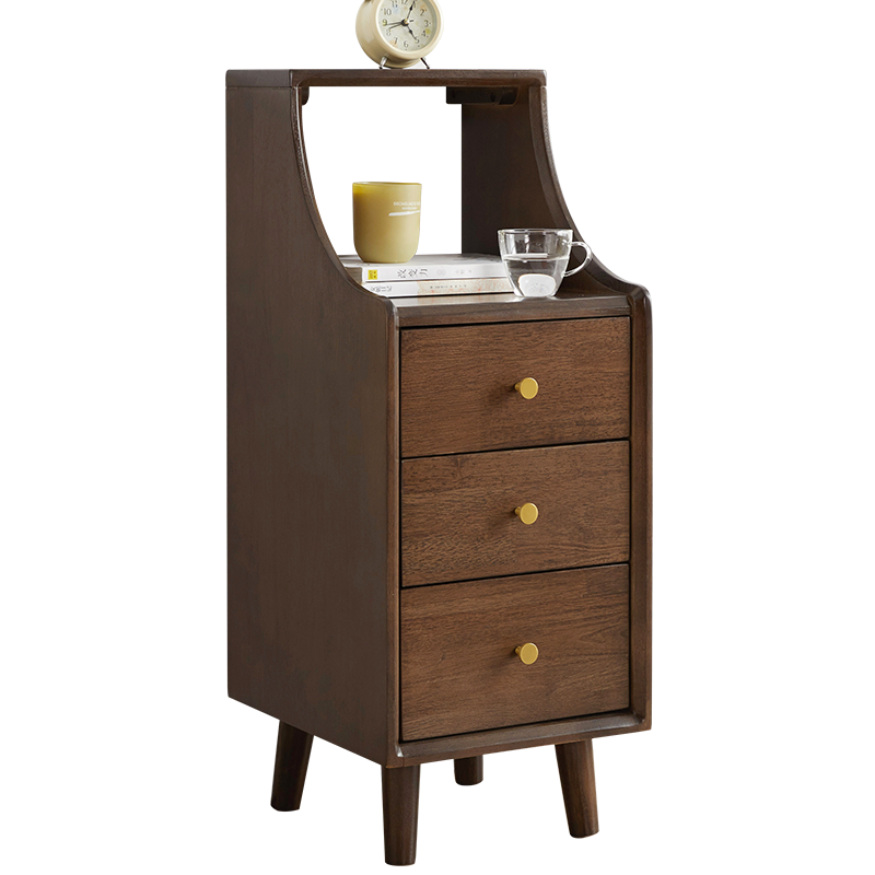 家逸 床头柜实木储物柜床头柜现代简约边柜角柜卧室收纳窄柜小柜子置物柜斗柜 胡桃色