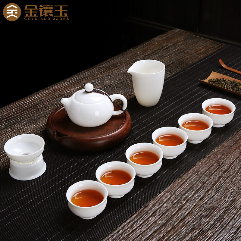 金镶玉 功夫茶具套装 中国白羊脂玉瓷家用喝茶泡茶套装白瓷陶瓷