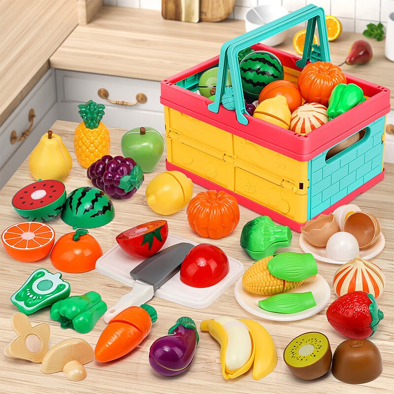 纽奇（Nukied）儿童过家家玩具厨房做饭玩具男孩女孩模拟扮演水果蔬菜切切乐 果蔬款25件套【大号折叠收纳篮】