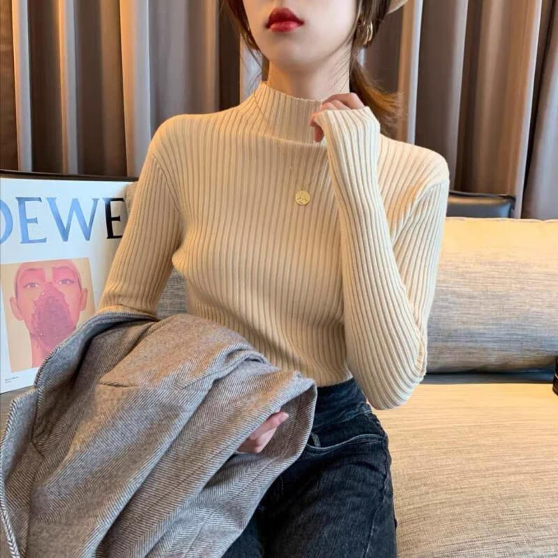 梵阕打底衫女坑条半高领外穿毛衣秋冬新款修身百搭内搭针织衫女上衣 杏色 均码-建议85-130斤