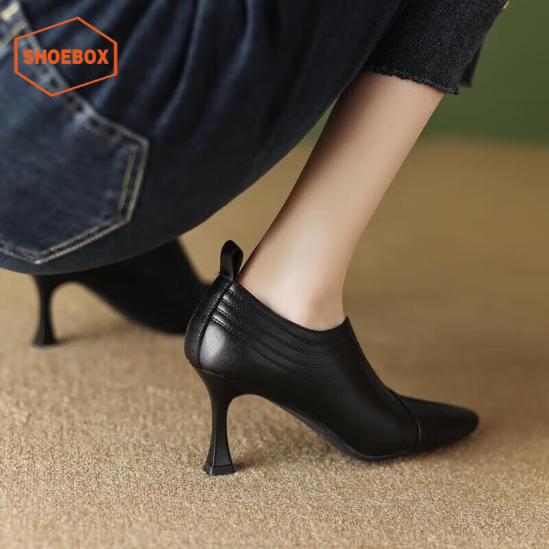 鞋柜(shoebox)达芙妮集团旗下短靴女法式气质深口单鞋尖头高跟鞋细跟