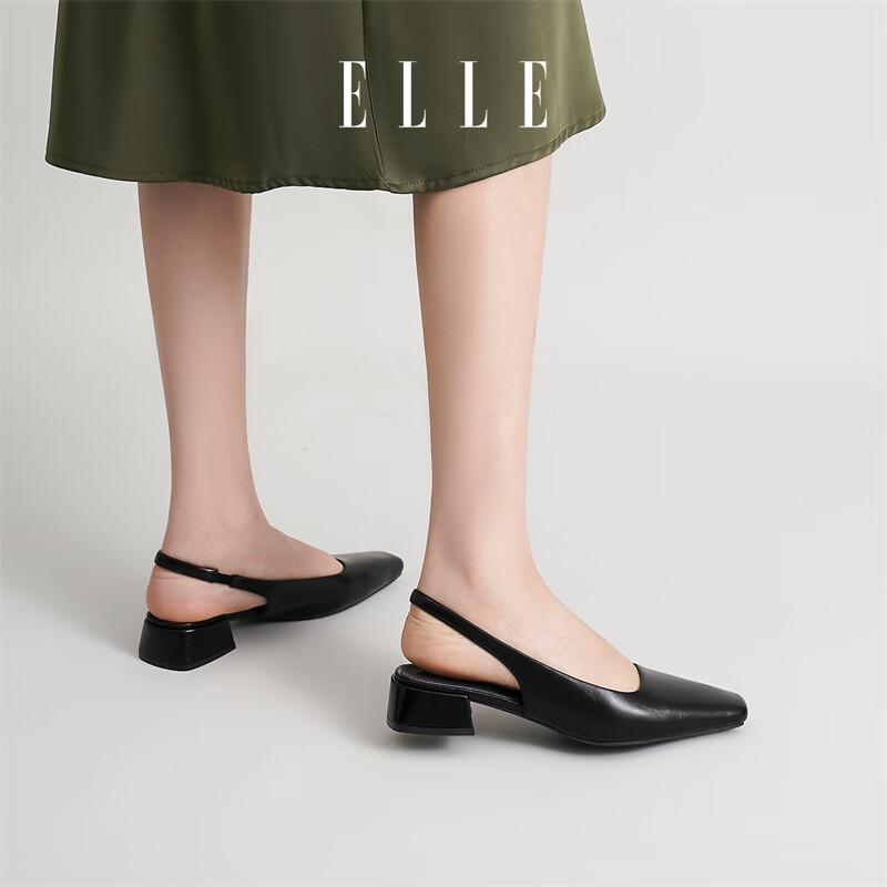 ELLE官方女鞋新款包头凉鞋女法式方头单鞋通勤低跟鞋子 黑色 3cm 38 (240mm) 标准码