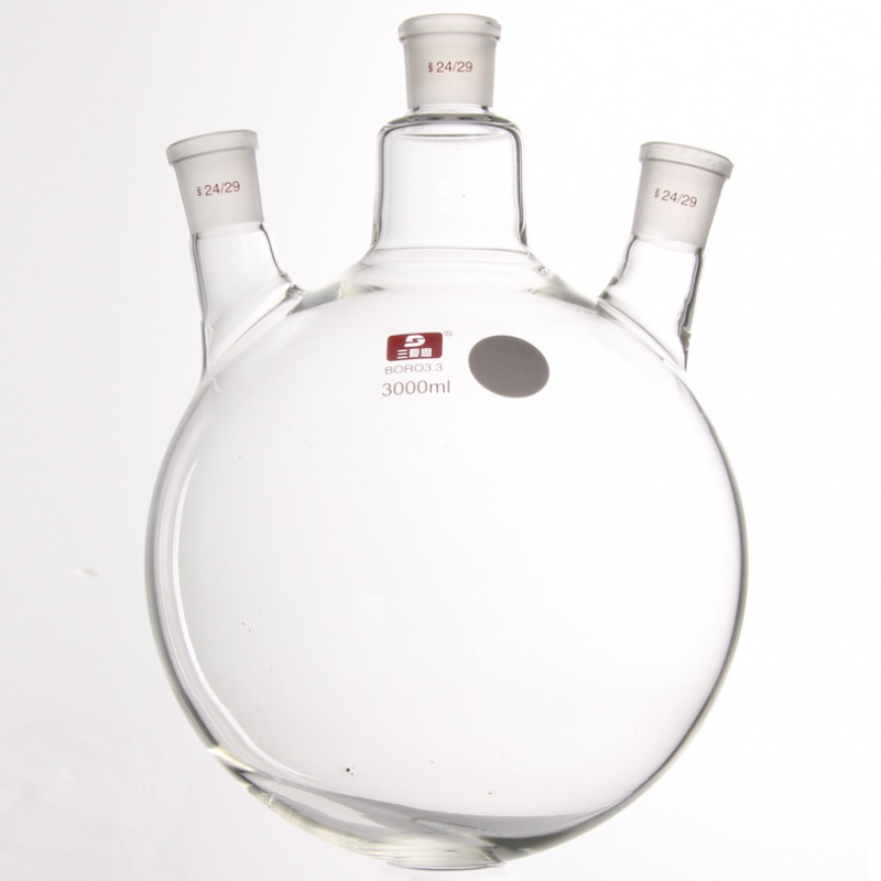 斜三口圆底烧瓶反应瓶50-50000ml三颈加厚高硼硅加热耐高温蒸馏烧瓶