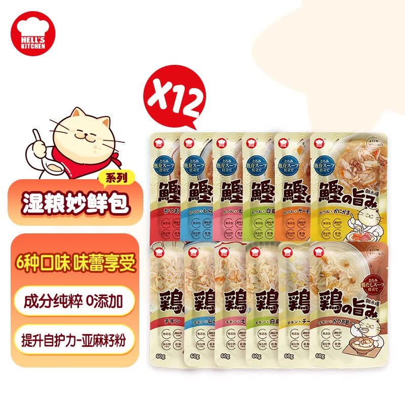 地狱厨房（Hell's Kitchen）猫罐头猫零食朝市场餐包猫湿粮肉粒妙鲜包猫咪软罐头 鸡鱼丨混合装60g*12包【盒装】怎么看?