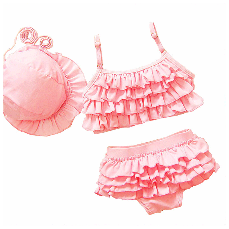宸芃中小三件套公主套装分体婴幼粉色小孩子宝宝女比基尼纯色儿童泳衣