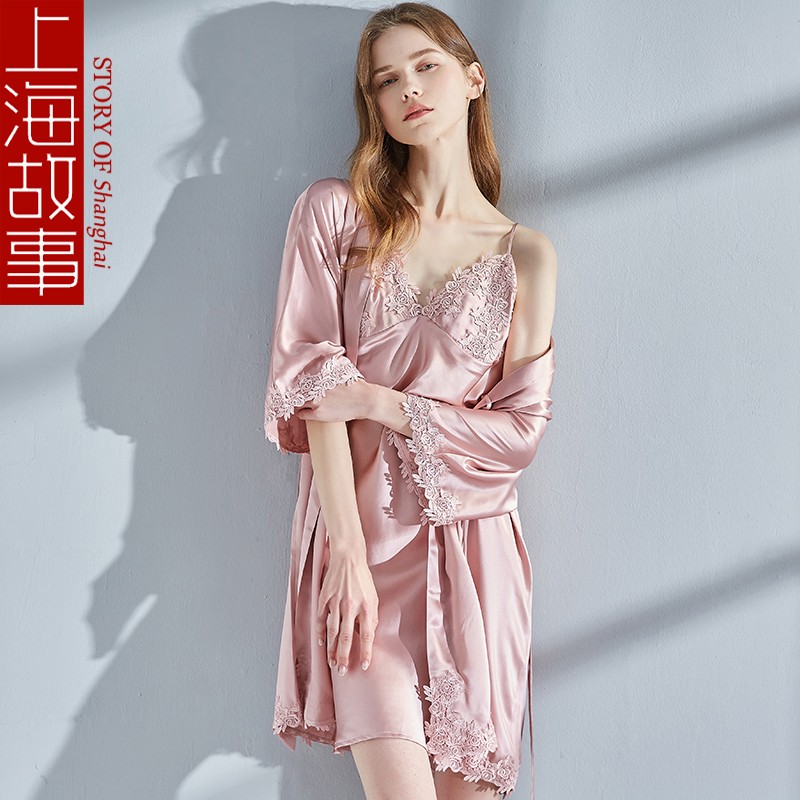 上海故事 真丝睡衣女夏季高档吊带睡裙睡袍桑蚕丝粉色