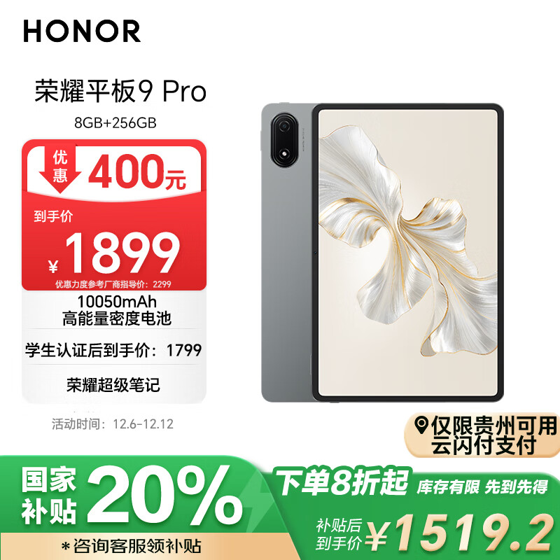 ��ҫƽ��9 Pro 12.1Ӣ��ƽ�����8+256GB 144��ˢ������ 10050mAh�������ܶȵ�� ��ҫ�����ʼ� �ǿջ�